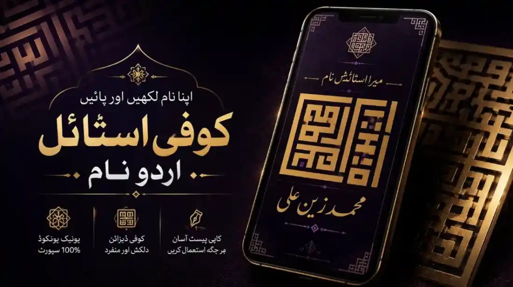 Fancy Urdu name generator with authentic Reem Kufi and Amiri calligraphy fonts